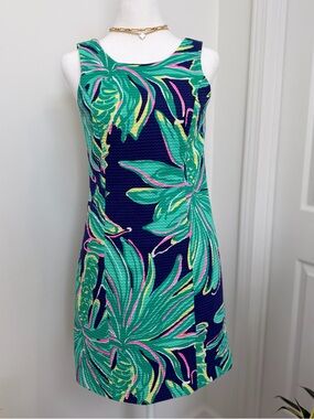 Lilly Pulitzer Shift Dress Sz 0 Navy Green Pink Palm Print Cotton Lined